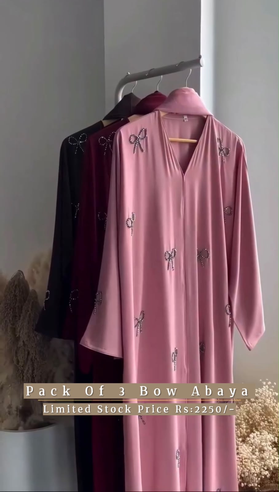Pack Of 3 Bow Abaya With Scarf