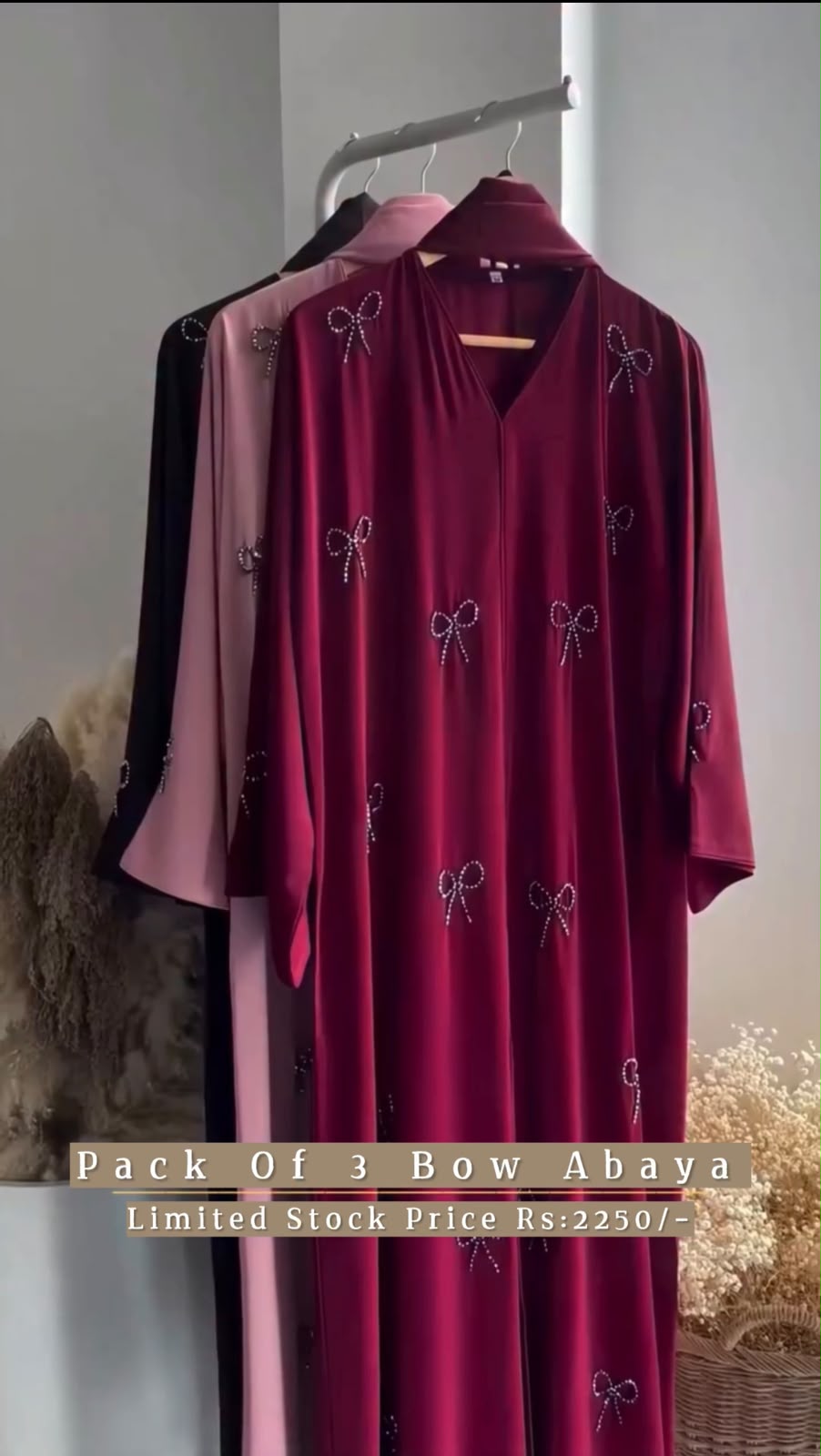 Pack Of 3 Bow Abaya With Scarf