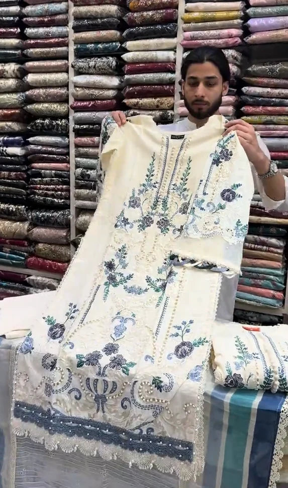 White Embroidered 3 Pcs Dress