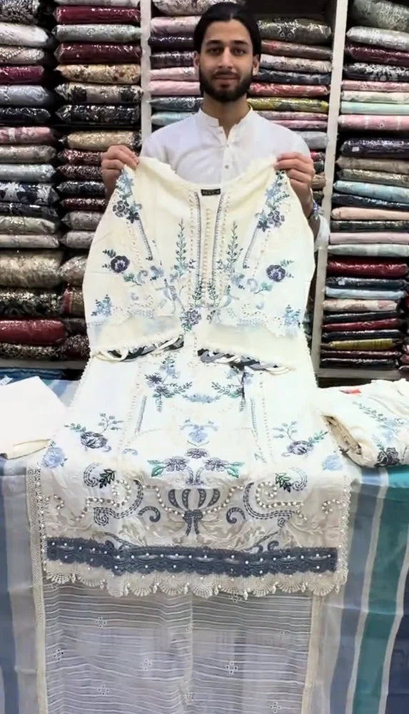 White Embroidered 3 Pcs Dress